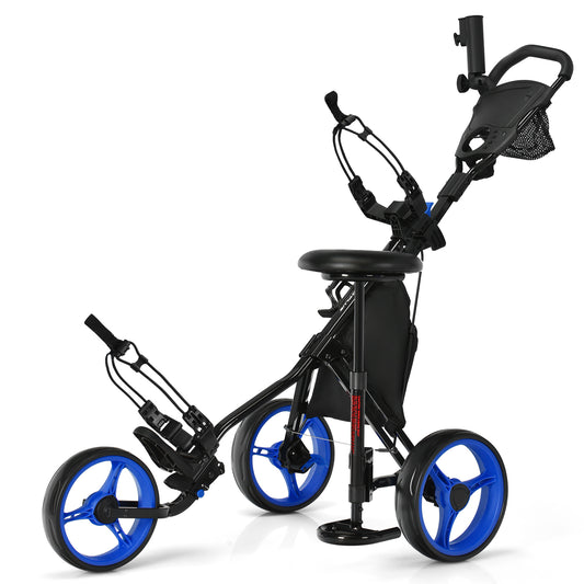 3-Wheel Folding Golf Push Cart 30 lb. Capacity Seat Scoreboard Umbrella Holder 2 Cup Holders Foot Brake EVA Wheels
