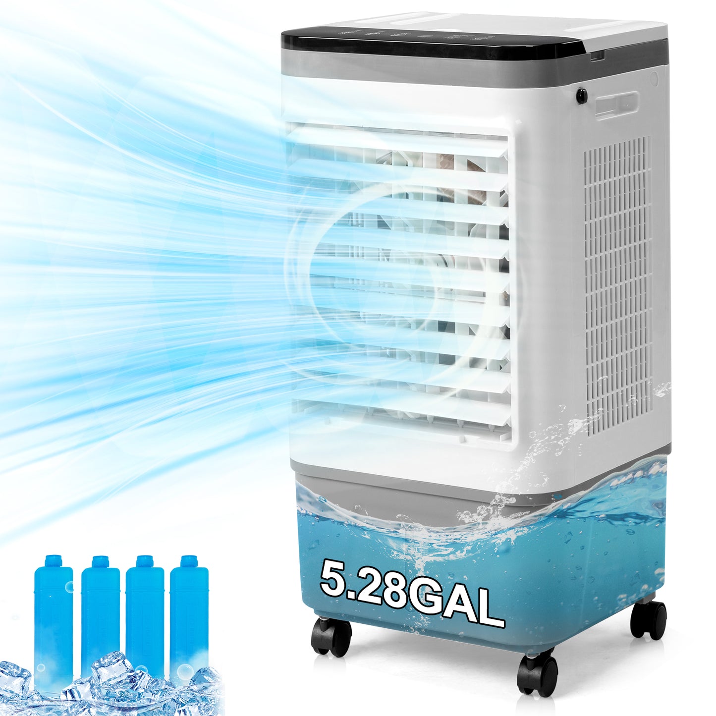 3-in-1 Portable Evaporative Air Cooler with Remote, 461 CFM, 5.28 Gallon Tank, Gray and White