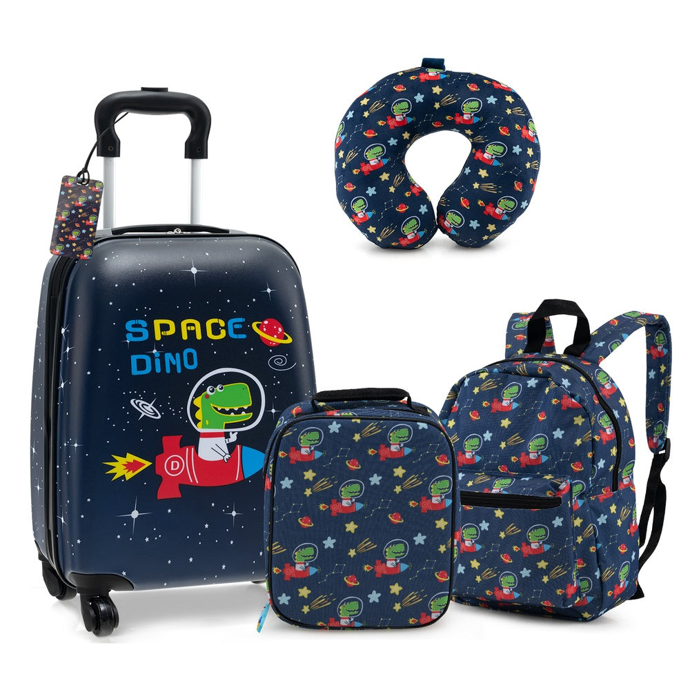 5-Piece Kids Luggage Set with Rolling Suitcase, Backpack, Lunch Bag, Neck Pillow and Name Tag, Dark Blue