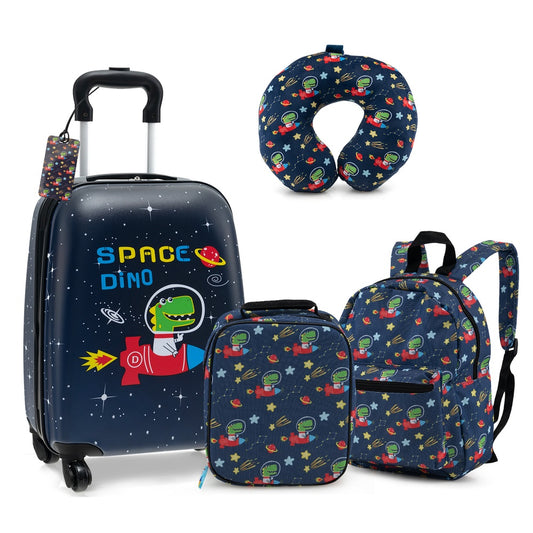 5-Piece Kids Luggage Set with Rolling Suitcase, Backpack, Lunch Bag, Neck Pillow and Name Tag, Dark Blue