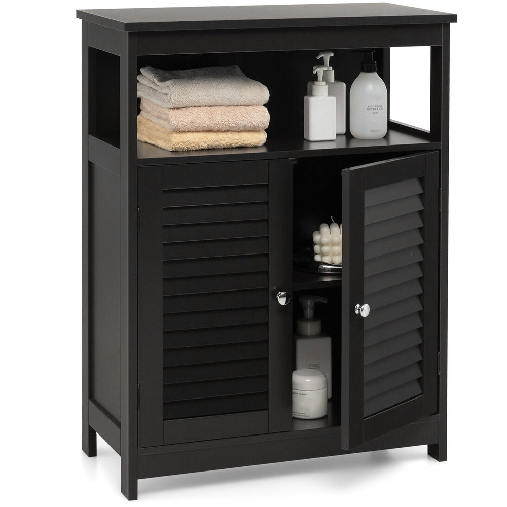 Freestanding Bathroom Cabinet with Double Shutter Doors Open Shelves and 3-Position Adjustable Shelf