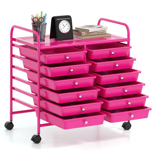 12-Drawer Rolling Storage Cart for Home and Office with Lightweight Frame and Easy Pull Drawers, Hot Pink