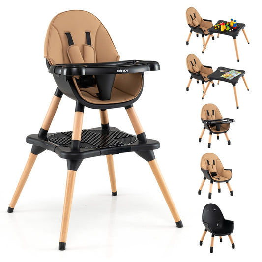 6 in 1 Convertible Baby High Chair 6-36 Months Birch Wood Pyramid 5 Point Harness 4 Stage Tray Dishwasher