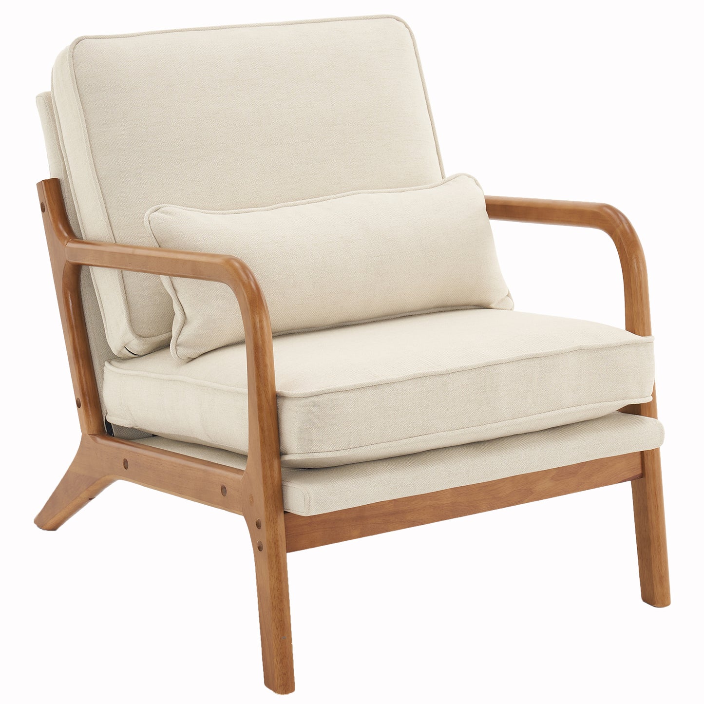 Upholstered Single Lounge Chair with Solid Oak Armrests, Accent Armchair, Off-White
