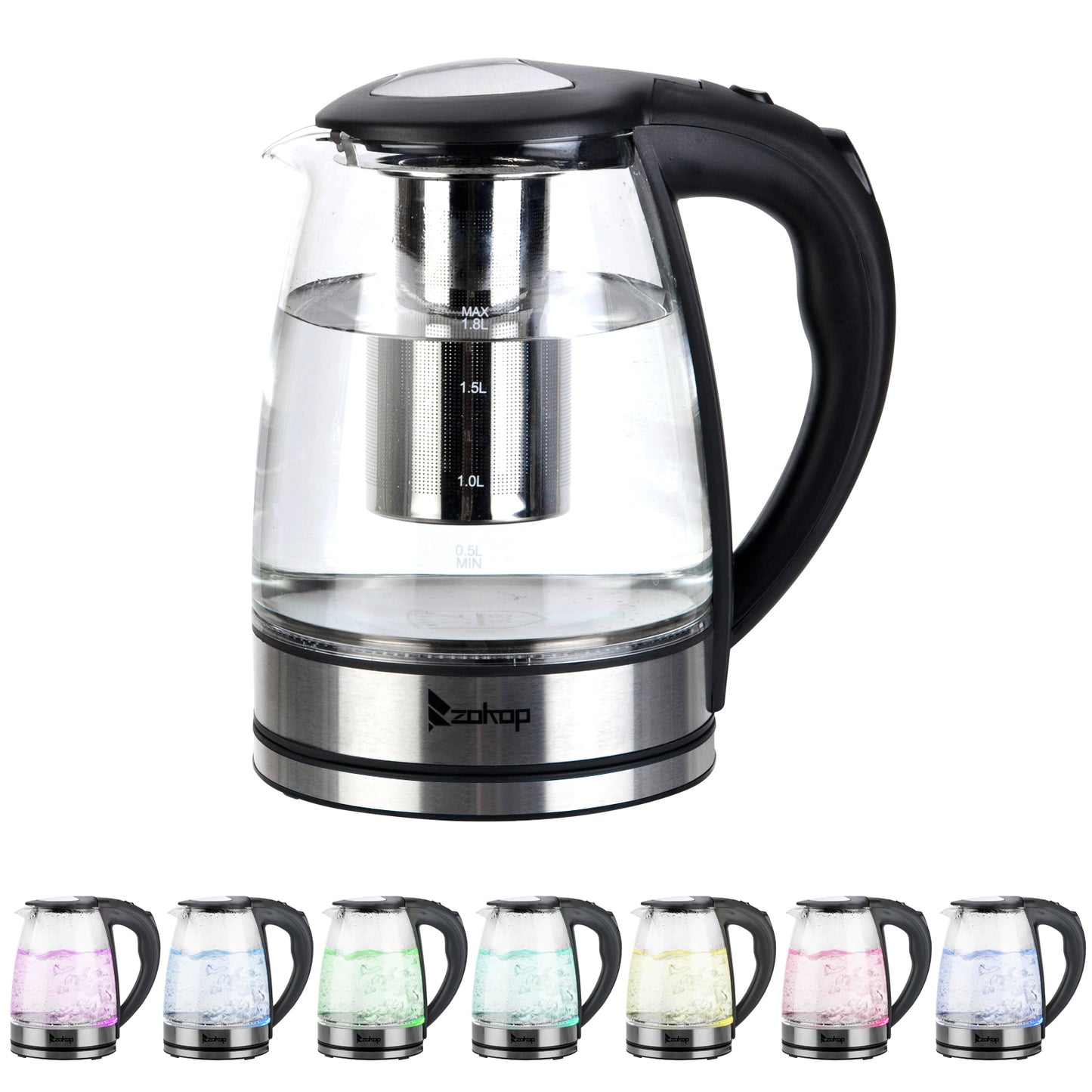 1.8L Electric Glass Kettle 1200W with LED Illumination, Borosilicate Cordless Water Boiler