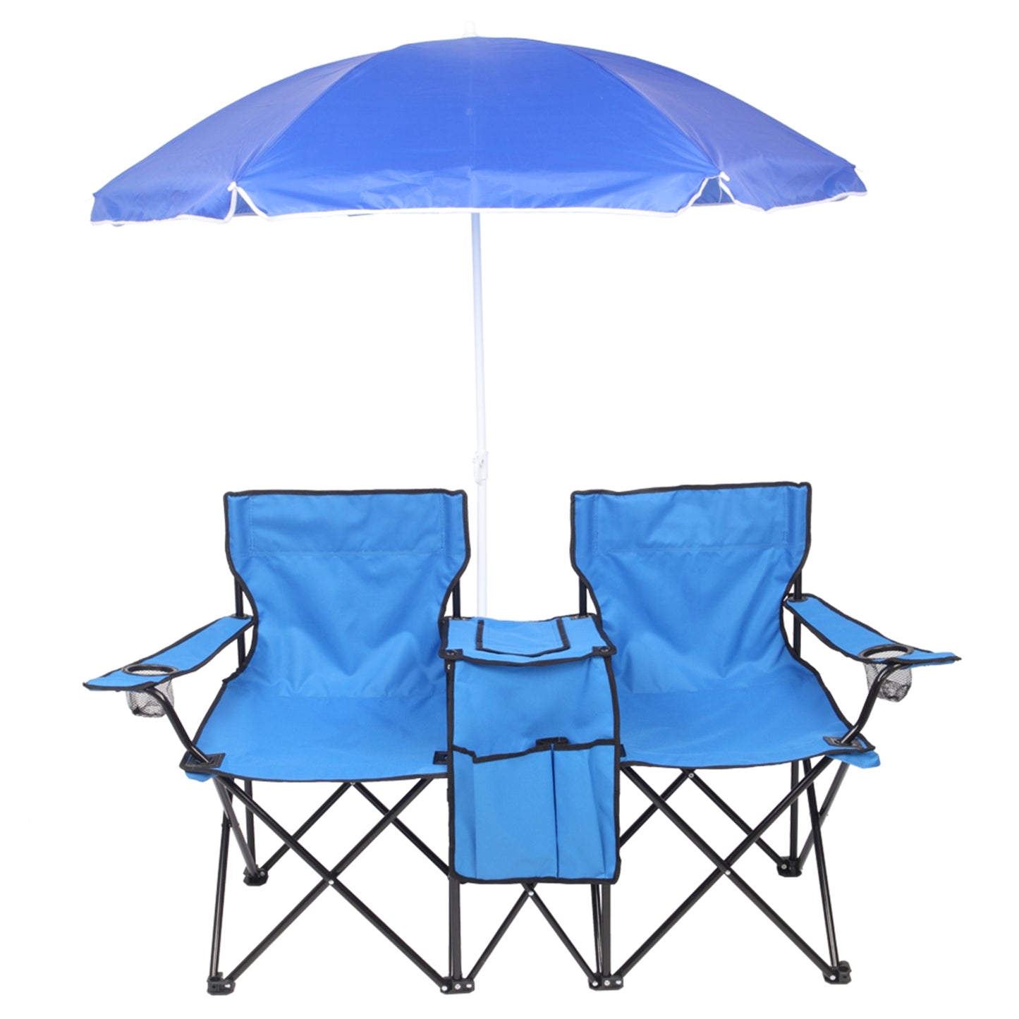 Portable 2-Seat Folding Beach Chair with Removable Sun Umbrella, Blue