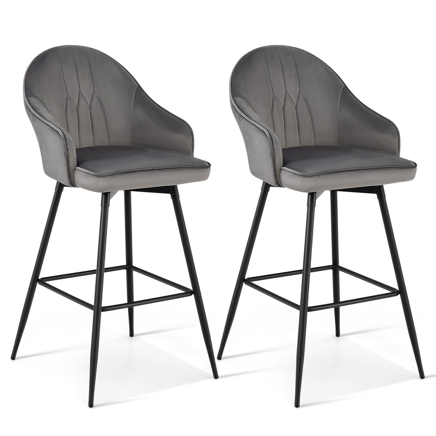 Velvet Bar Stools Set of 2 Pub Height 29.5 in. with Metal Legs 360 Swivel 300 lb. Curved Back Footrest