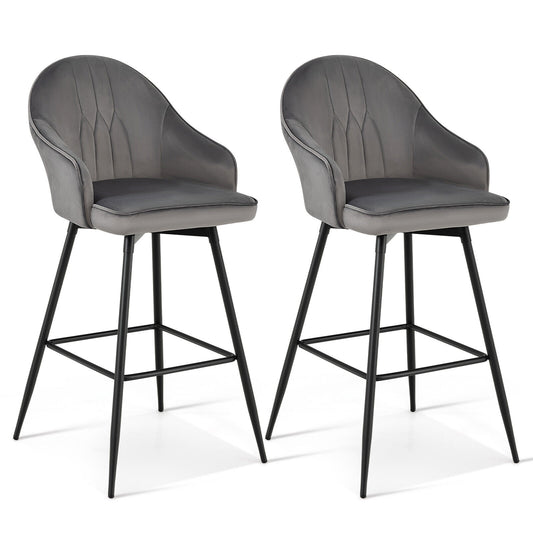 Velvet Bar Stools Set of 2 Pub Height 29.5 in. with Metal Legs 360 Swivel 300 lb. Curved Back Footrest