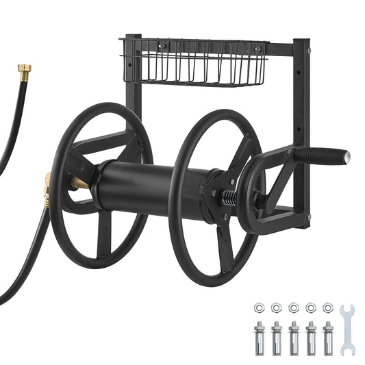 Wall Mounted Garden Hose Reel 125 ft 5/8 in Heavy-Duty Steel Water Hose Winder Brass Fitting Storage Basket