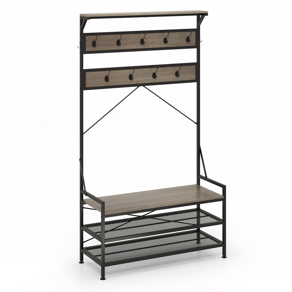 Coat Rack 4 in 1 Hall Tree 11 Hooks Shoe Bench Metal 341 lb. 40 x 16 x 72.5 in. 2 Anti Tipping Adjustable Pads