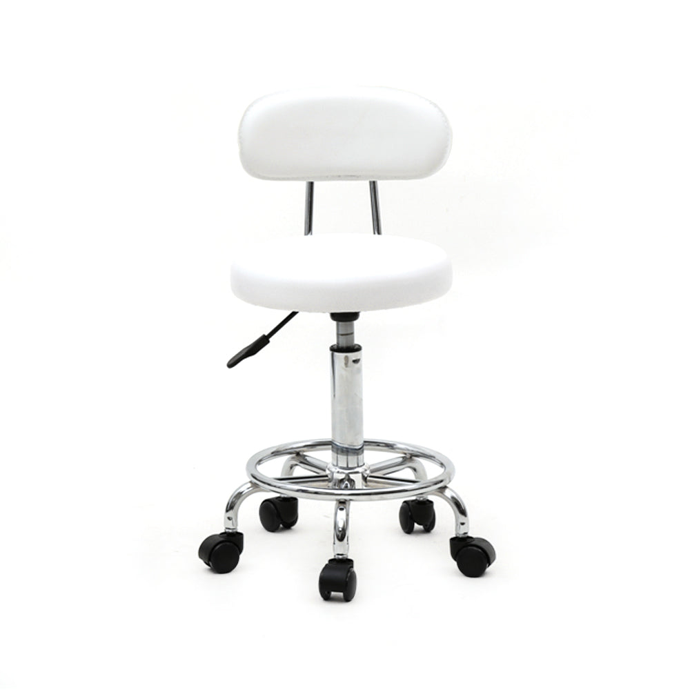 Adjustable Round Salon Stool with Backrest, Rolling Hydraulic Chair for Spa and Barber, White
