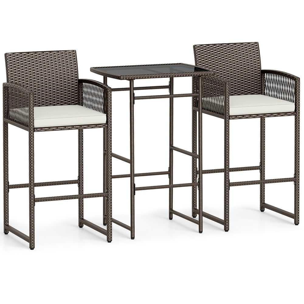 3 Piece PE Rattan Bar-Height Patio Set with Cushions and Glass Table