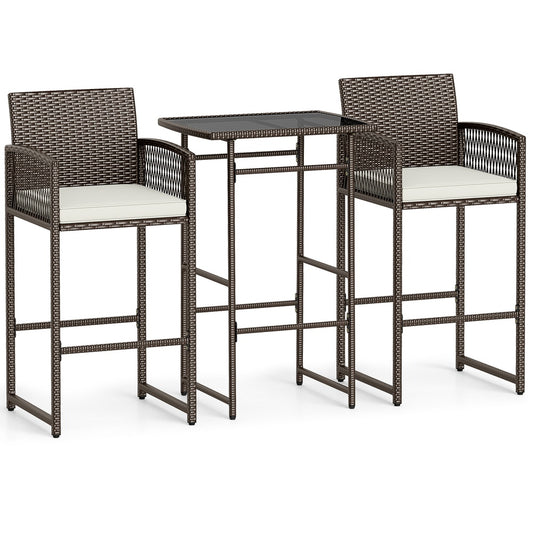 3 Piece PE Rattan Bar-Height Patio Set with Cushions and Glass Table