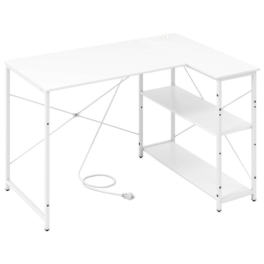 L Shaped 47 in. Reversible Corner Desk with 2 AC USB Type C Charging 3 Position Adjustable Storage Shelves Metal