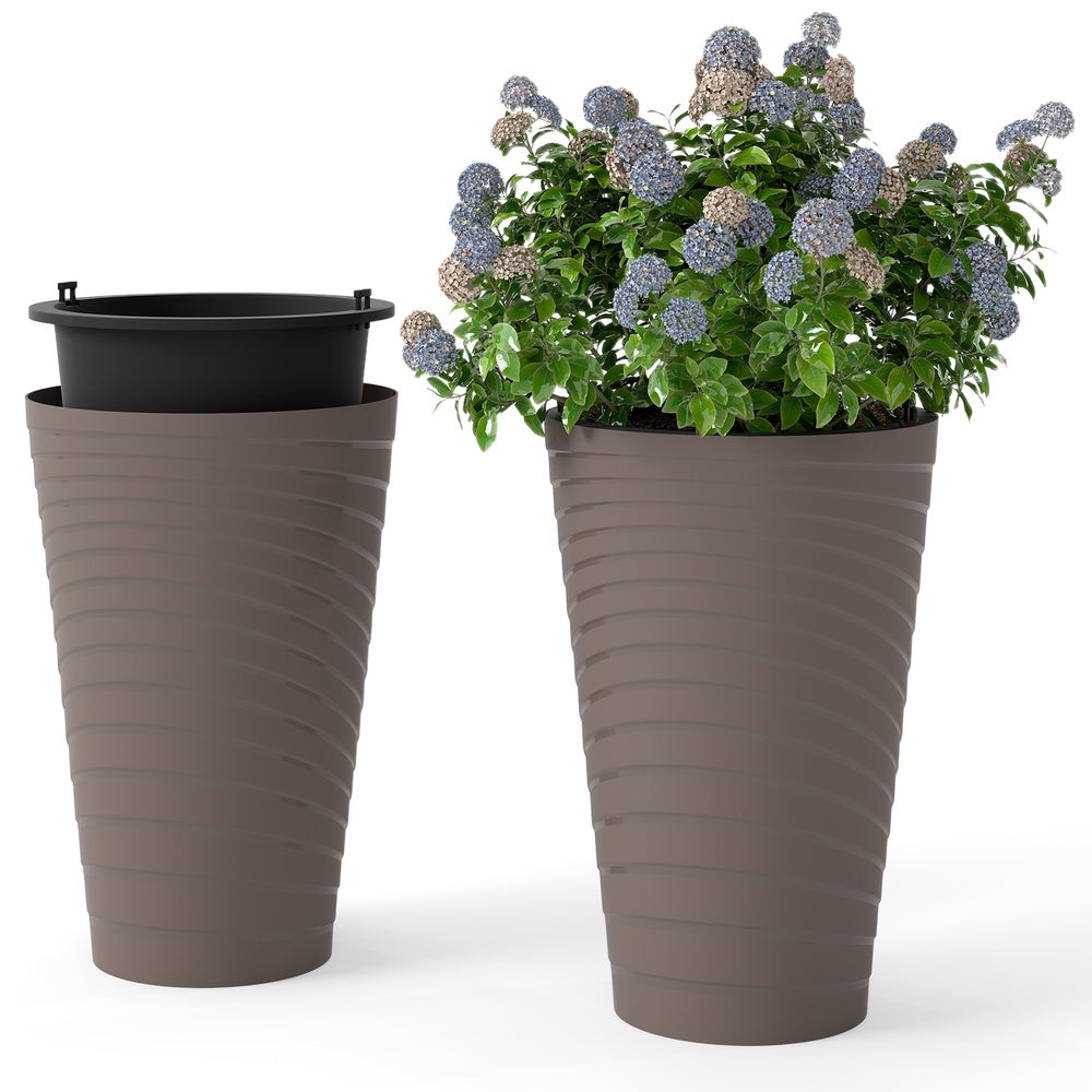 Set of 2 45 cm Tall Flower Pots with Insert Buckets and Handle Design for Indoor and Outdoor Use, Brown