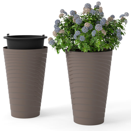 Set of 2 45 cm Tall Flower Pots with Insert Buckets and Handle Design for Indoor and Outdoor Use, Brown