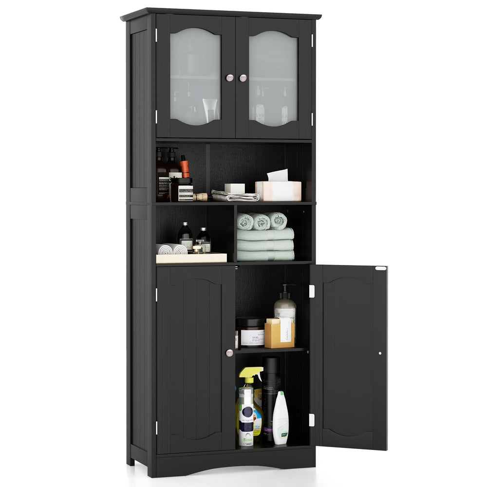 Freestanding Linen Cabinet 58.5 in. with 2 Tempered Frost Glass Doors 3 Open Compartments 23.5 x 12 in.
