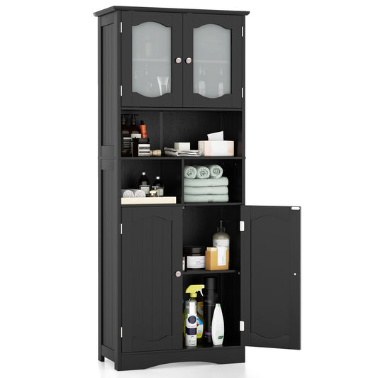 Freestanding Linen Cabinet 58.5 in. with 2 Tempered Frost Glass Doors 3 Open Compartments 23.5 x 12 in.