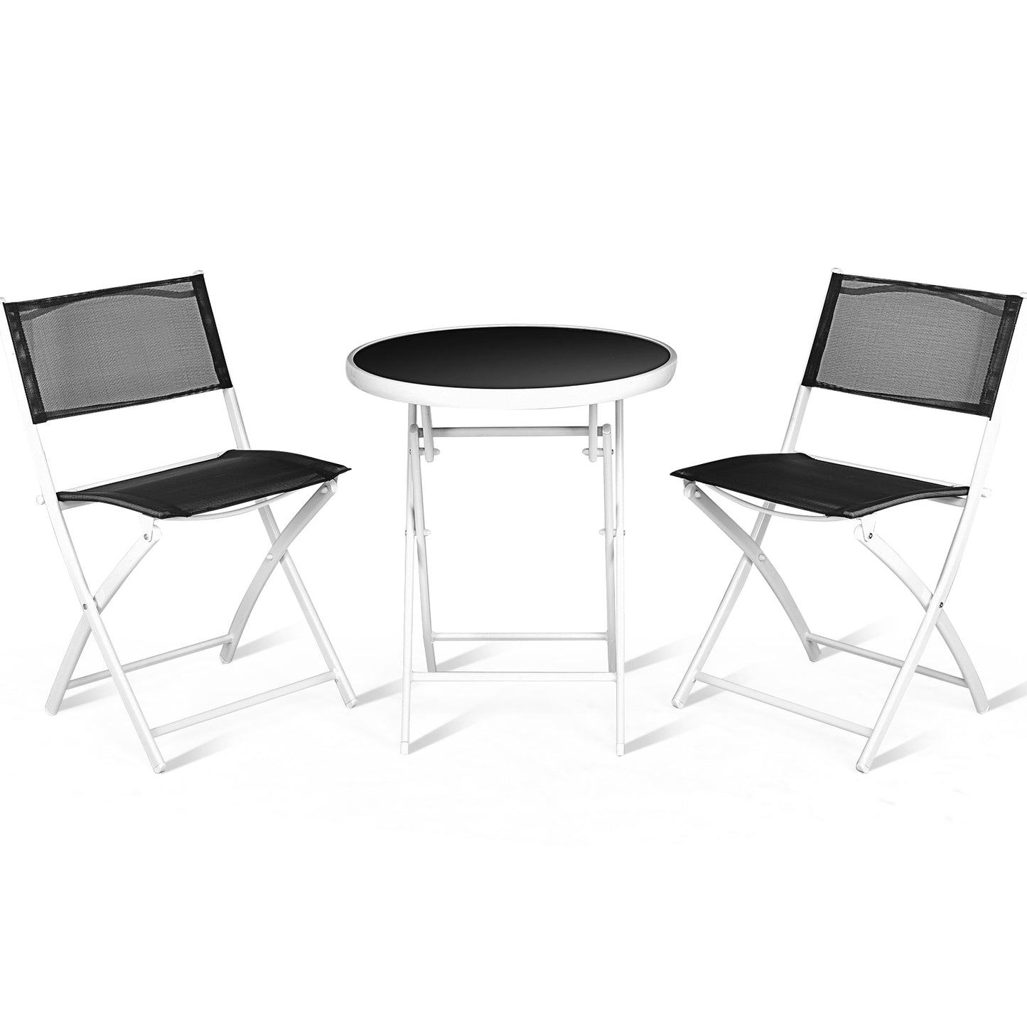 3 Piece Textilene Patio Bistro Table Set with Glass Table and Folding Design