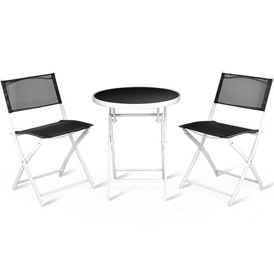 3 Piece Textilene Patio Bistro Table Set with Glass Table and Folding Design