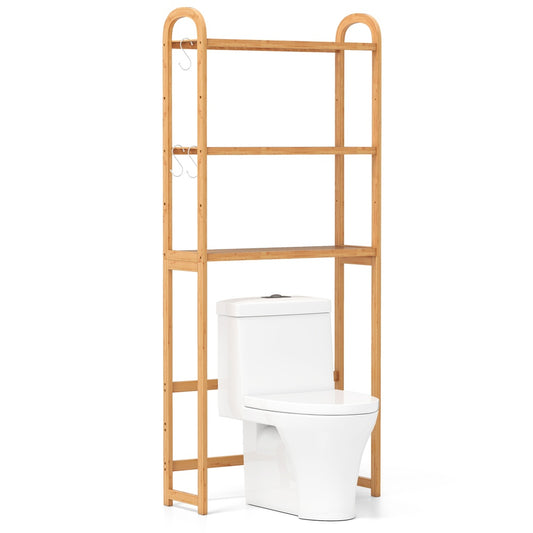 3-Tier Bamboo Over-the-Toilet Storage Rack 5-Position Shelves 44 lb. Per Tier with 3 Hooks
