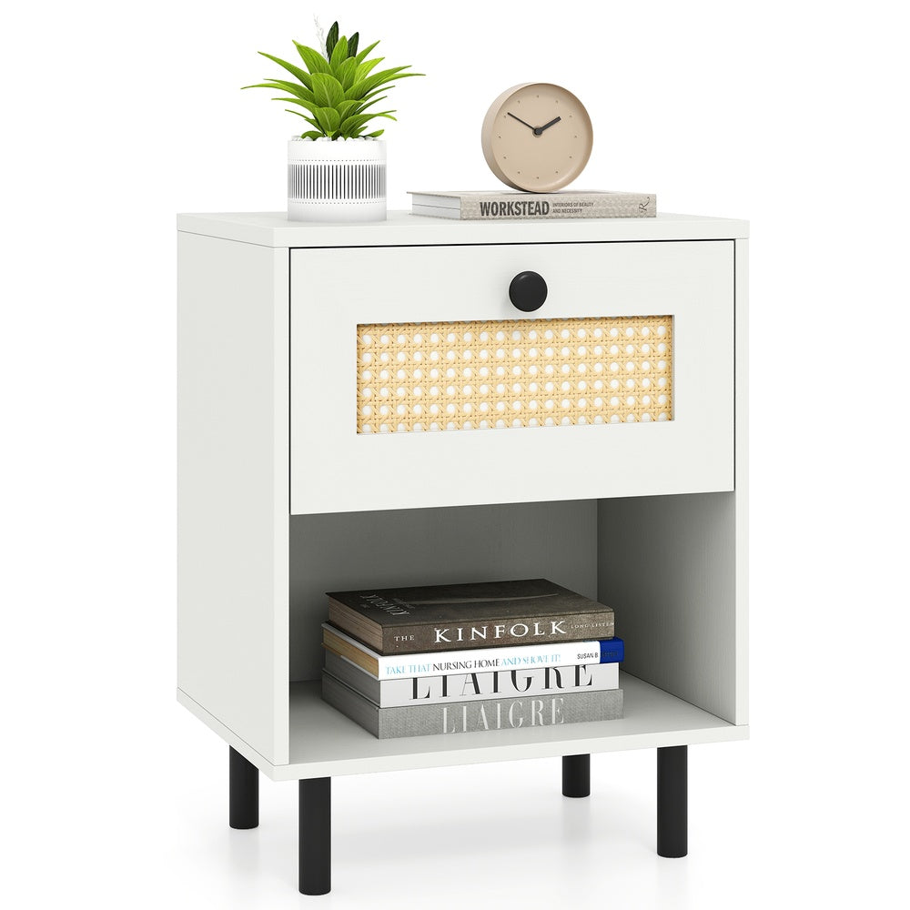 Rattan Nightstand Boho End Table with Rattan Drawer and Open Shelf Set of 2-White