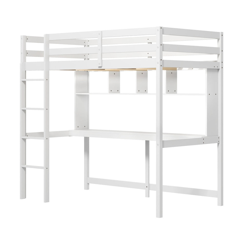 Twin Size Loft Bed with Desk and Shelves for Home Dorm Apartment No Box Spring Needed-White