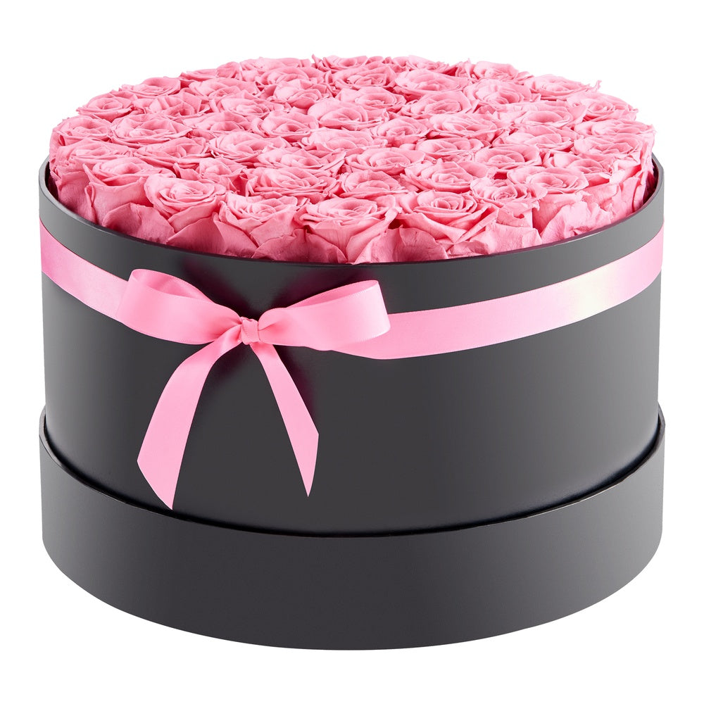 Forever Flowers 50 Preserved Roses Round Box 10.98 x 10.98 x 6.50 in Sweet Pink Real Rose Anniversary Valentine Gift