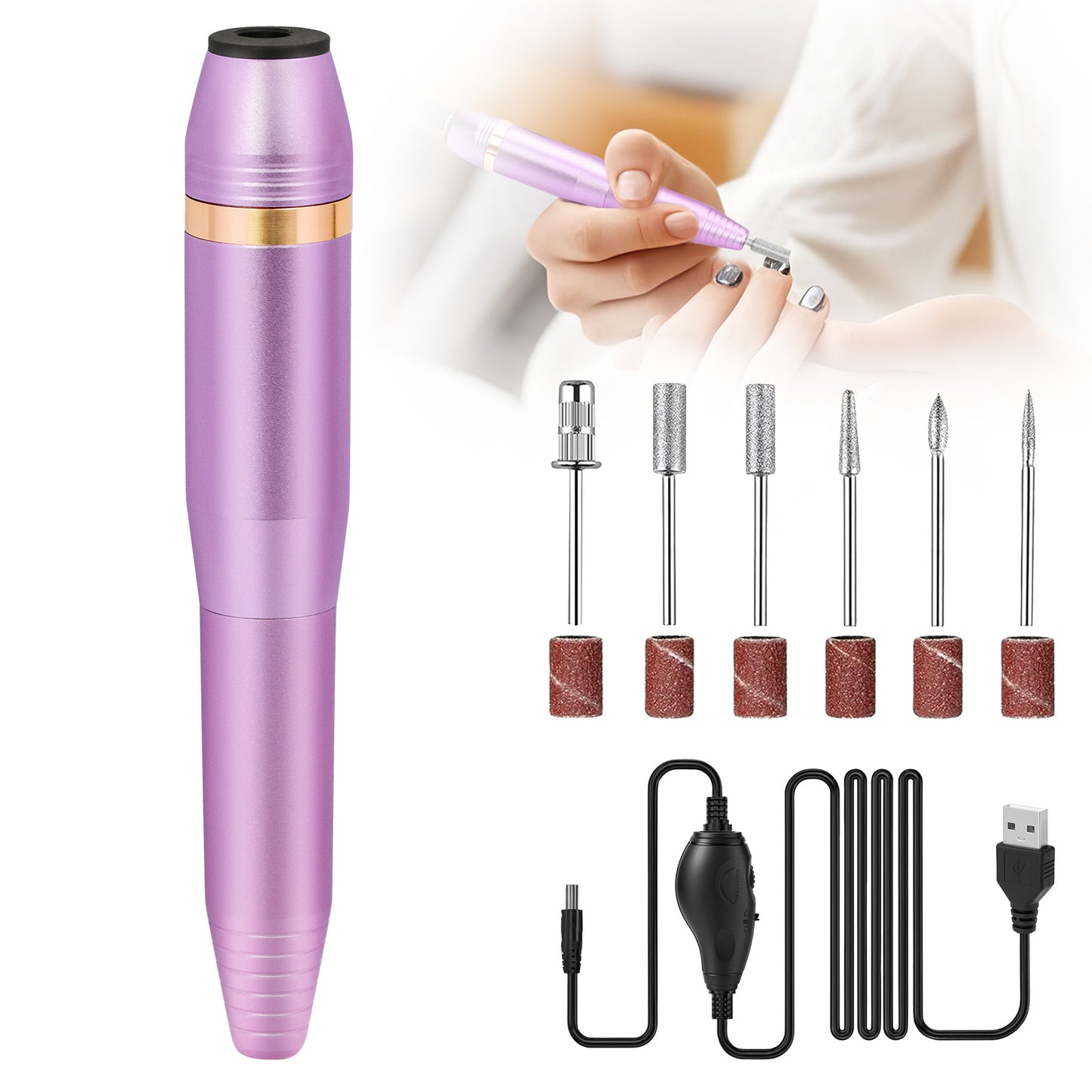 Portable Electric Nail Drill Kit with 6 Bits and Sanding Bands, Manicure Pedicure File, Rose Gold