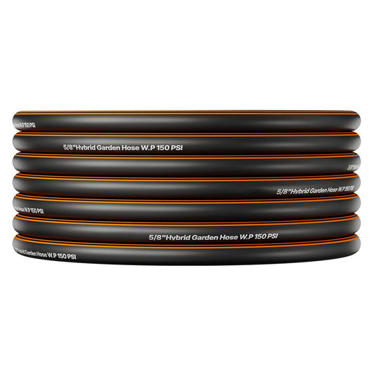 Garden Hose 200 ft 5/8 in 4-Layer Rubber 150 PSI Working w/10 Pattern Nozzle 3/4 in Fitting Non-Kink for Large Property