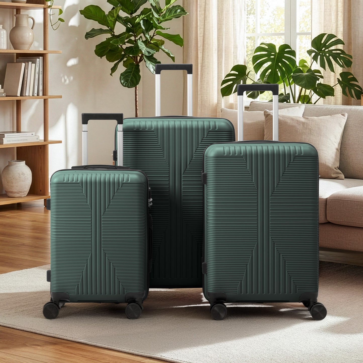 3 Piece PP Luggage Set 20 24 28 inch Hardside Spinner Suitcases, Dark Green
