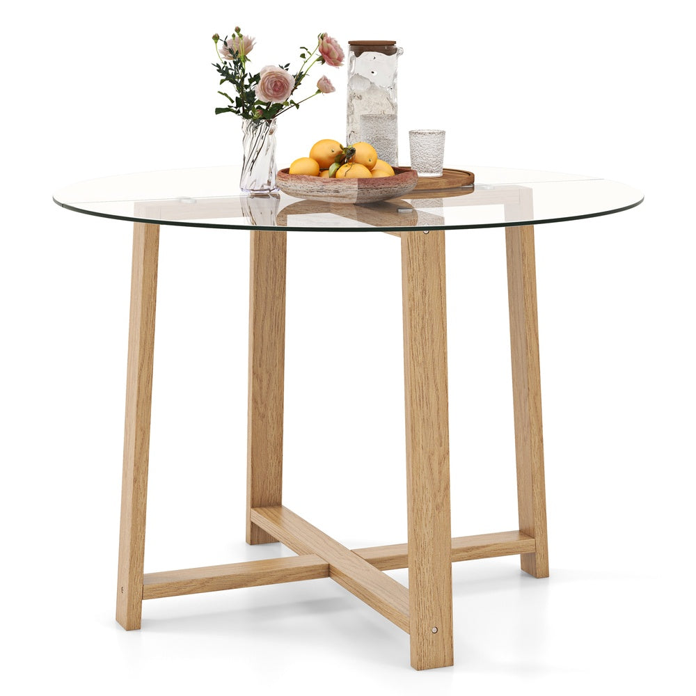 42 in Round Dining Table Seats 4-6 for Family Meals, Tempered Glass Top, X-Shaped Frame, Modern Style