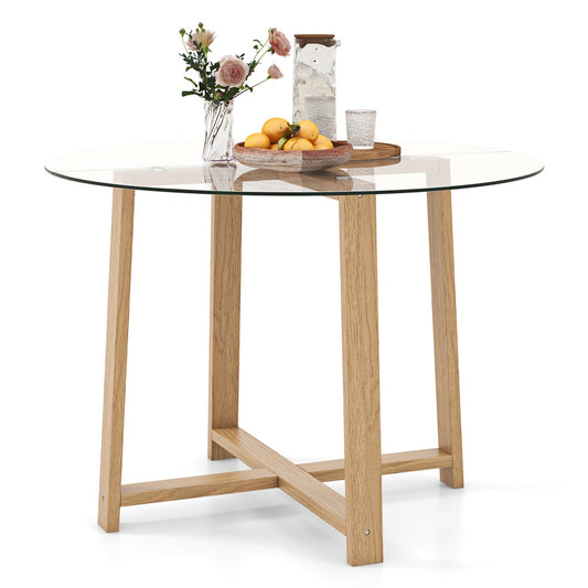 42 in Round Dining Table Seats 4-6 for Family Meals, Tempered Glass Top, X-Shaped Frame, Modern Style