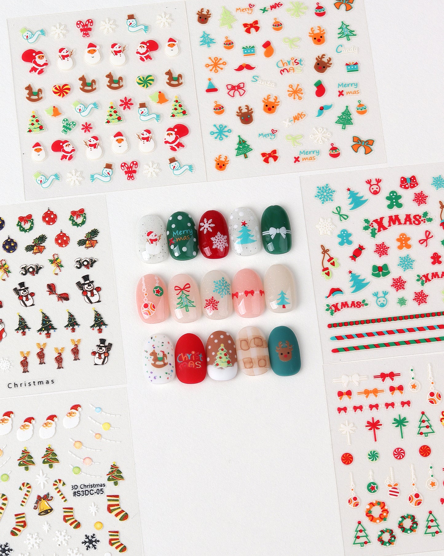3D Christmas Nail Stickers, Korean Holiday Nail Art Decals with Santa, Reindeer and Snowflake Designs