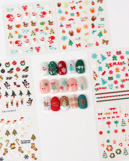 3D Christmas Nail Stickers, Korean Holiday Nail Art Decals with Santa, Reindeer and Snowflake Designs