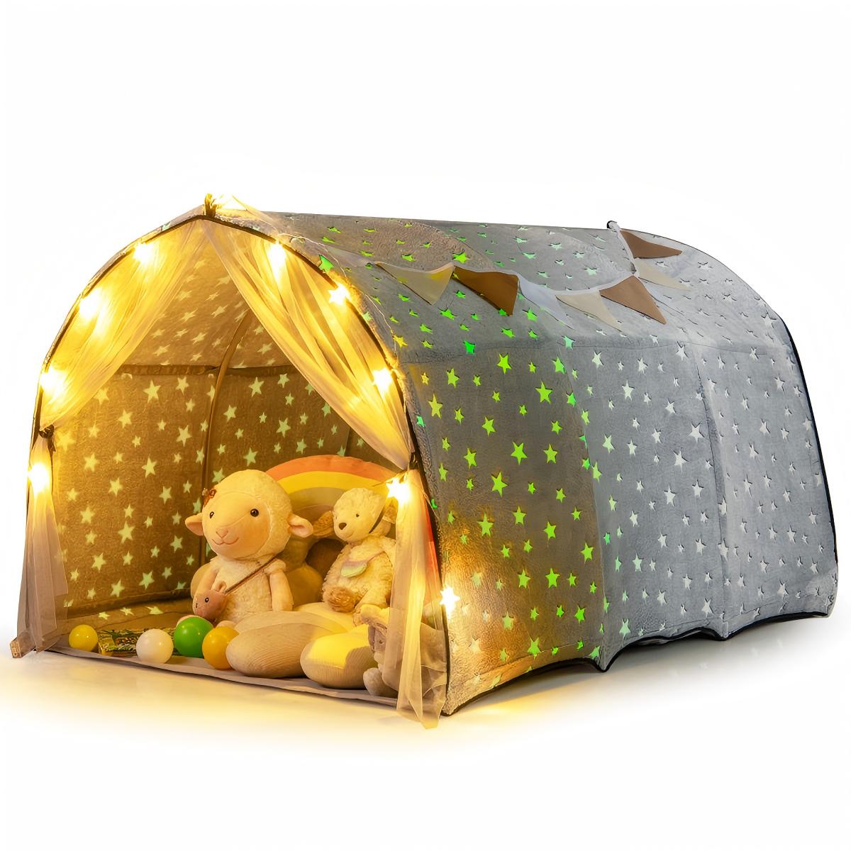 Kids Dream Bed Tent Twin Bunk + Glow-in-the-Dark Star + Star Light String + 40 in. Width + Flannel Fiberglass Pole