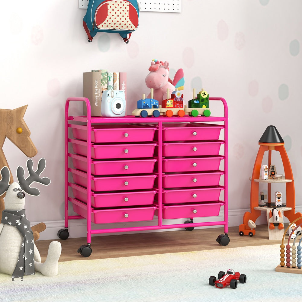 12-Drawer Rolling Storage Cart for Home and Office with Lightweight Frame and Easy Pull Drawers, Hot Pink