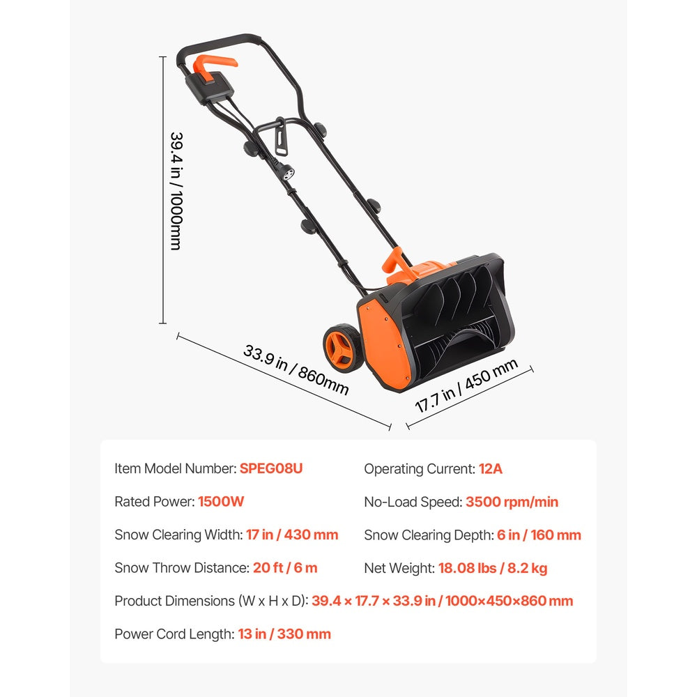 Electric Snow Shovel 12A 17 in Corded Snowthrower 60¡ã Chute 20 ft Throw 1500W Dual Safety Switch for Driveway