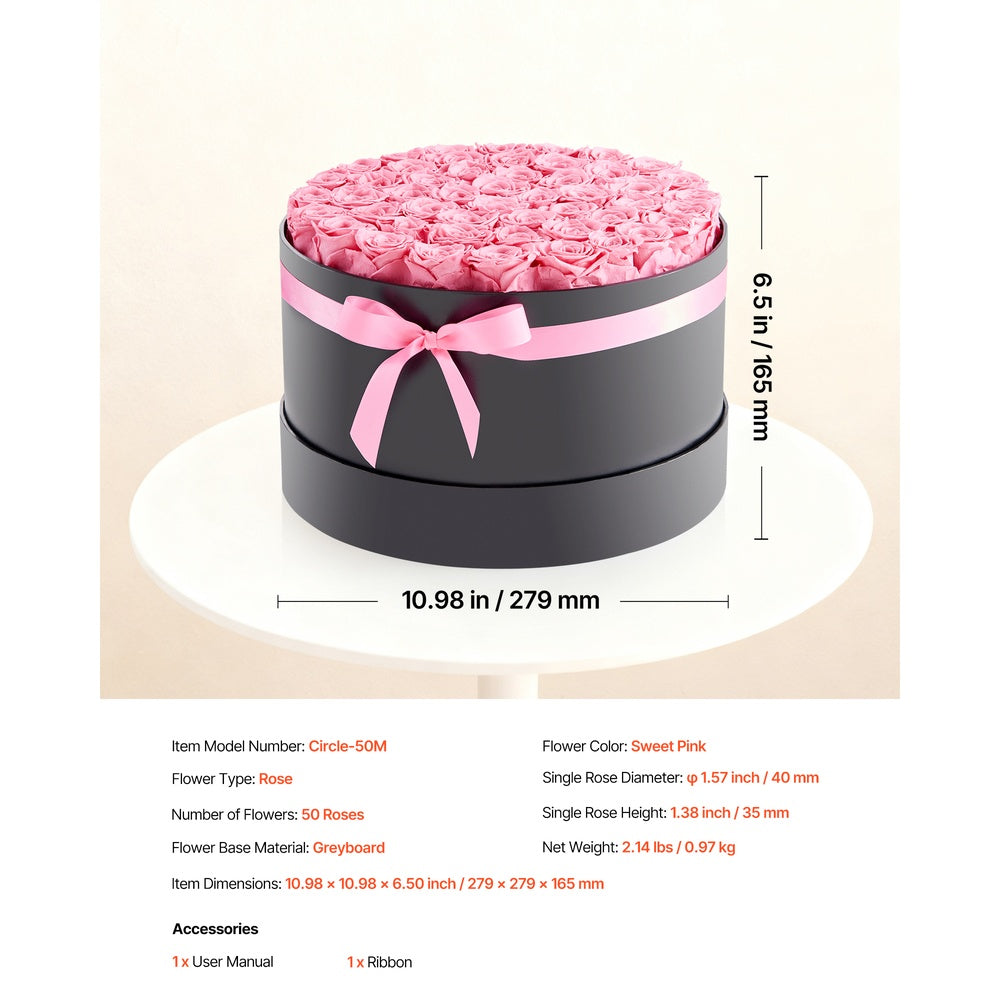 Forever Flowers 50 Preserved Roses Round Box 10.98 x 10.98 x 6.50 in Sweet Pink Real Rose Anniversary Valentine Gift