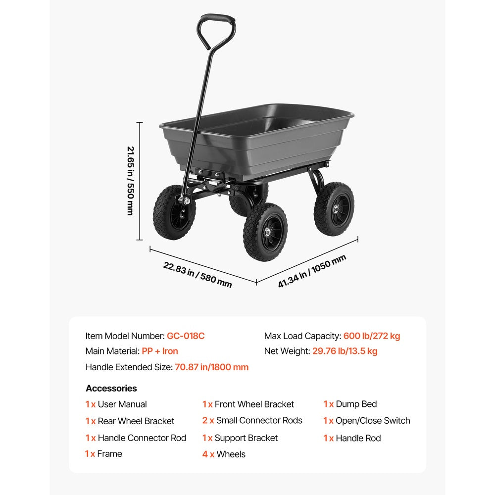 Garden Dump Cart 600 lbs Poly Wagon 90¡ã Quick-Dump 180¡ã Swivel Wheels 10 in PU Blowout-Free Tires for Yard Farm Hauling