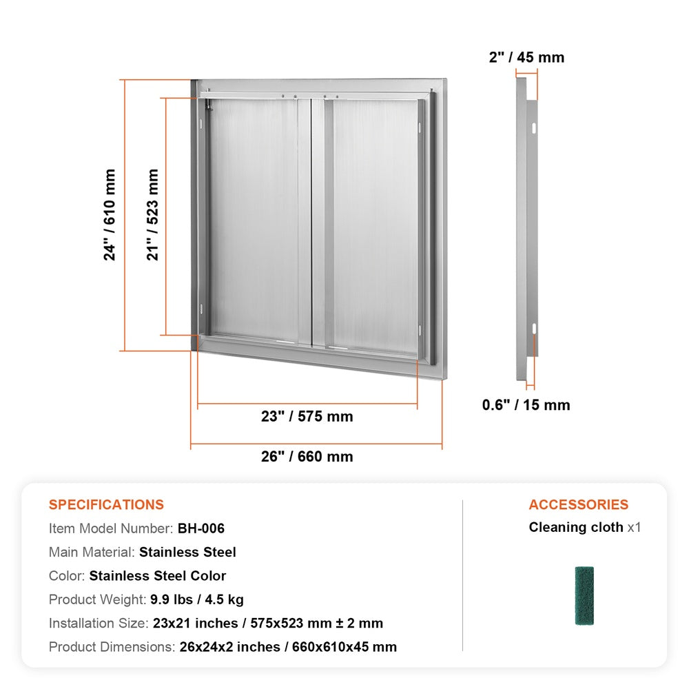 BBQ Access Door 26 in. W x 24 in. H Stainless Steel Flush Mount Vertical Door Recessed Handle Outdoor Kitchen Cabinet