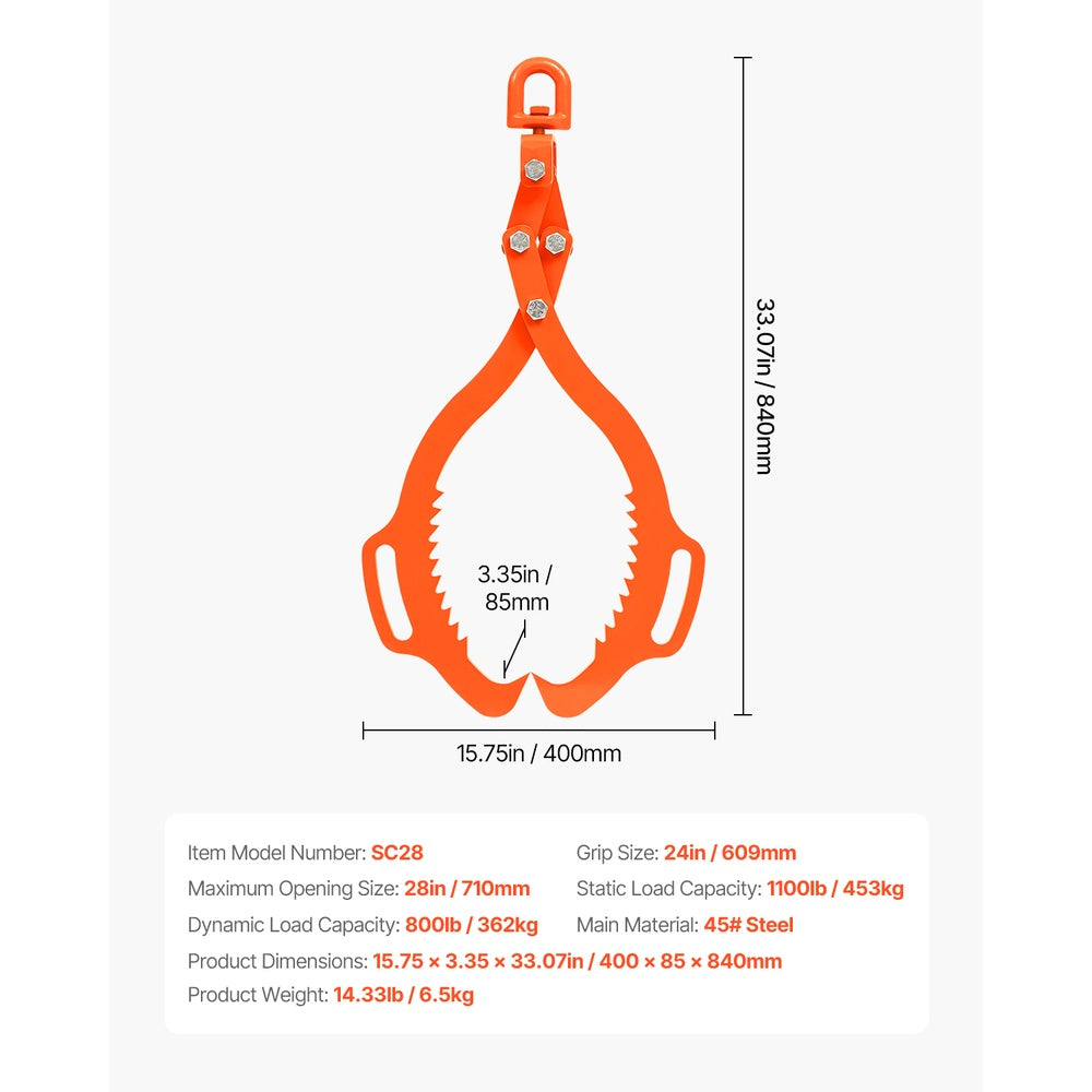 28 in. Log Lifting Tongs 2-Claw 1100 lbs. Static Swivel Hook 45# Forged Steel 24-28 in. Grip Powder Coat Black