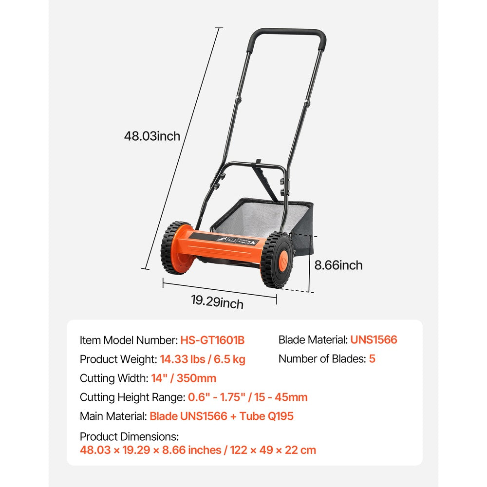 Push Reel Lawn Mower 14 in 5-Blade Manual No-Motor 0.6-1.75 in Adjustable Cutting Height w/Grass Catcher Bag