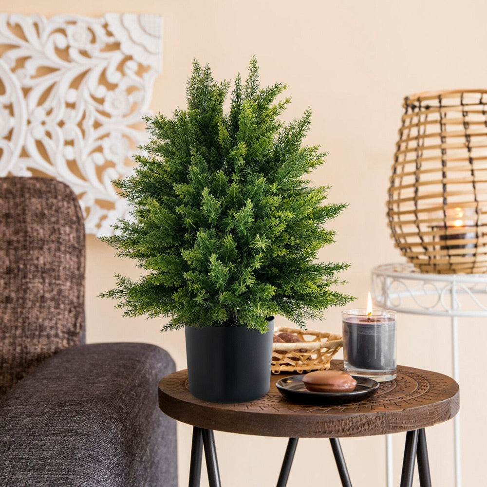 Set of 2 Artificial Cedar Topiary Ball Trees in Cement Pots, Faux Plants for Porch and Patio Decor