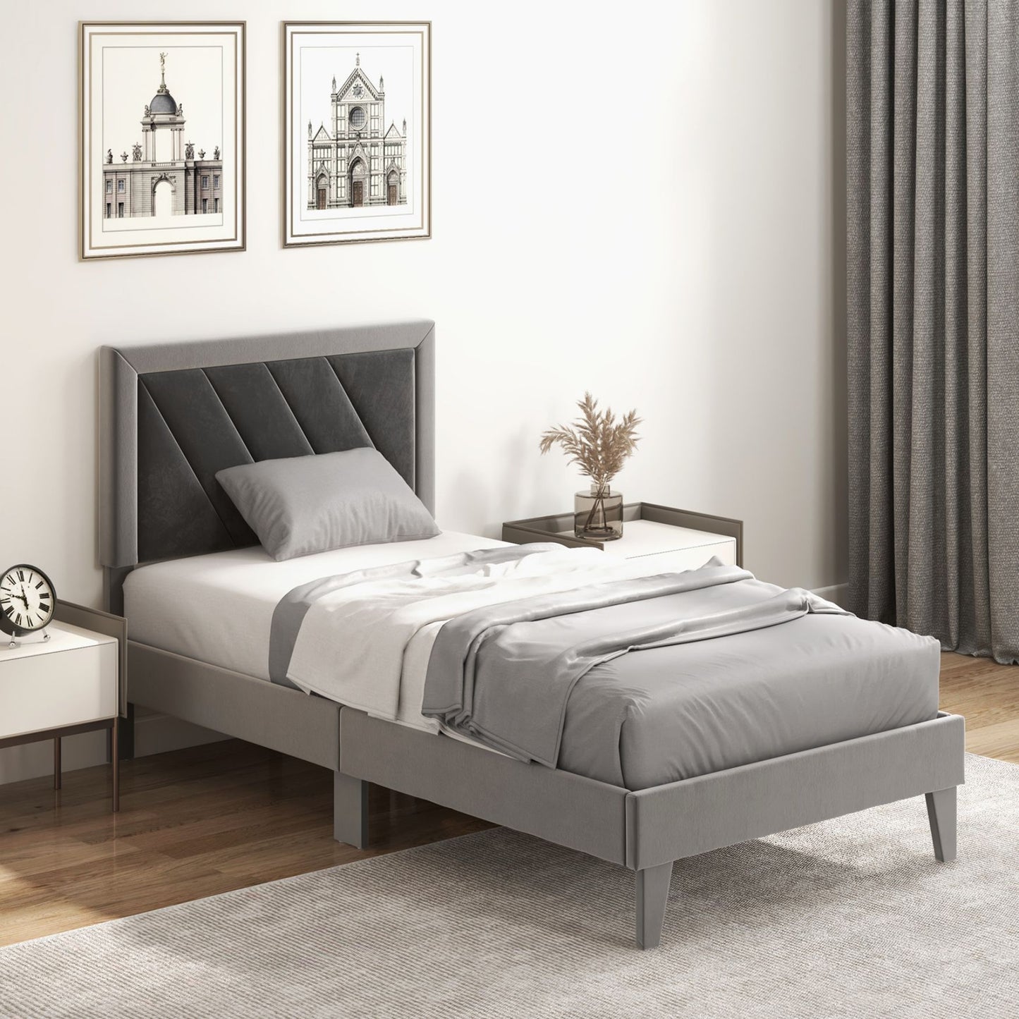 Twin Platform Bed with High Headboard and Wooden Slats-Twin Size