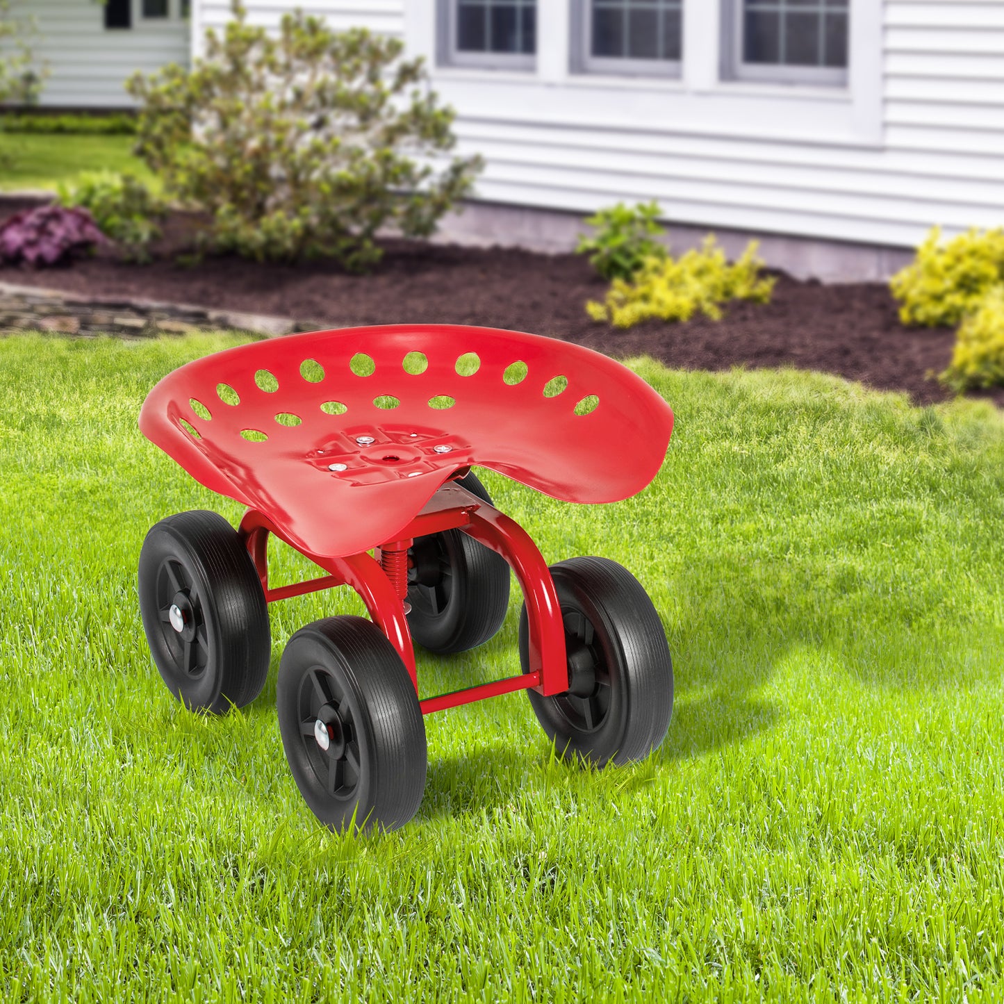 Rolling Gardening Scooter Stool Height Adjustable with 360 Degree Swivel Seat and 4 Quiet Tires