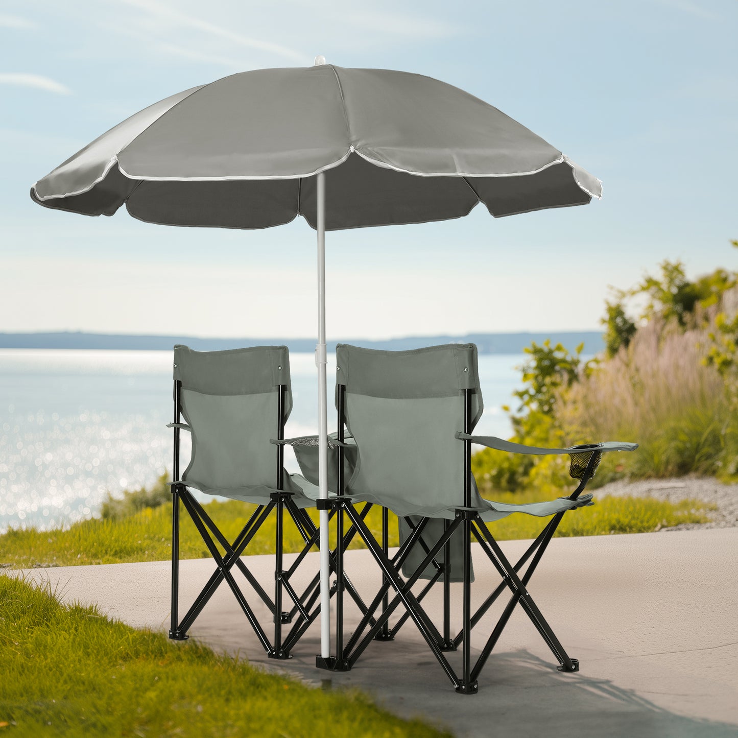 Portable 2-Seat Folding Chair with Removable Sun Umbrella, Outdoor Loveseat, Grey