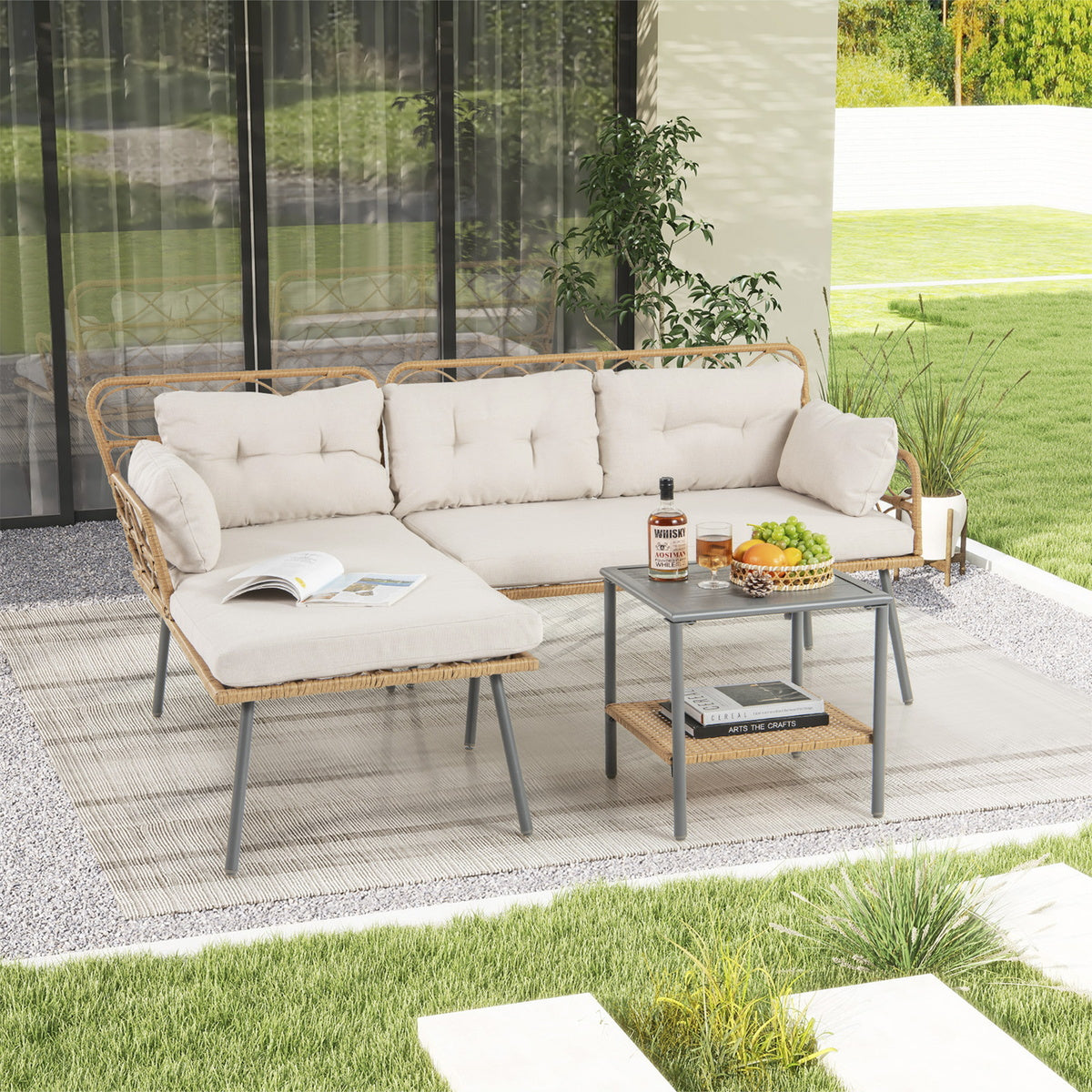 3 Piece PE Rattan Patio Seating Set with Cushions and Storage