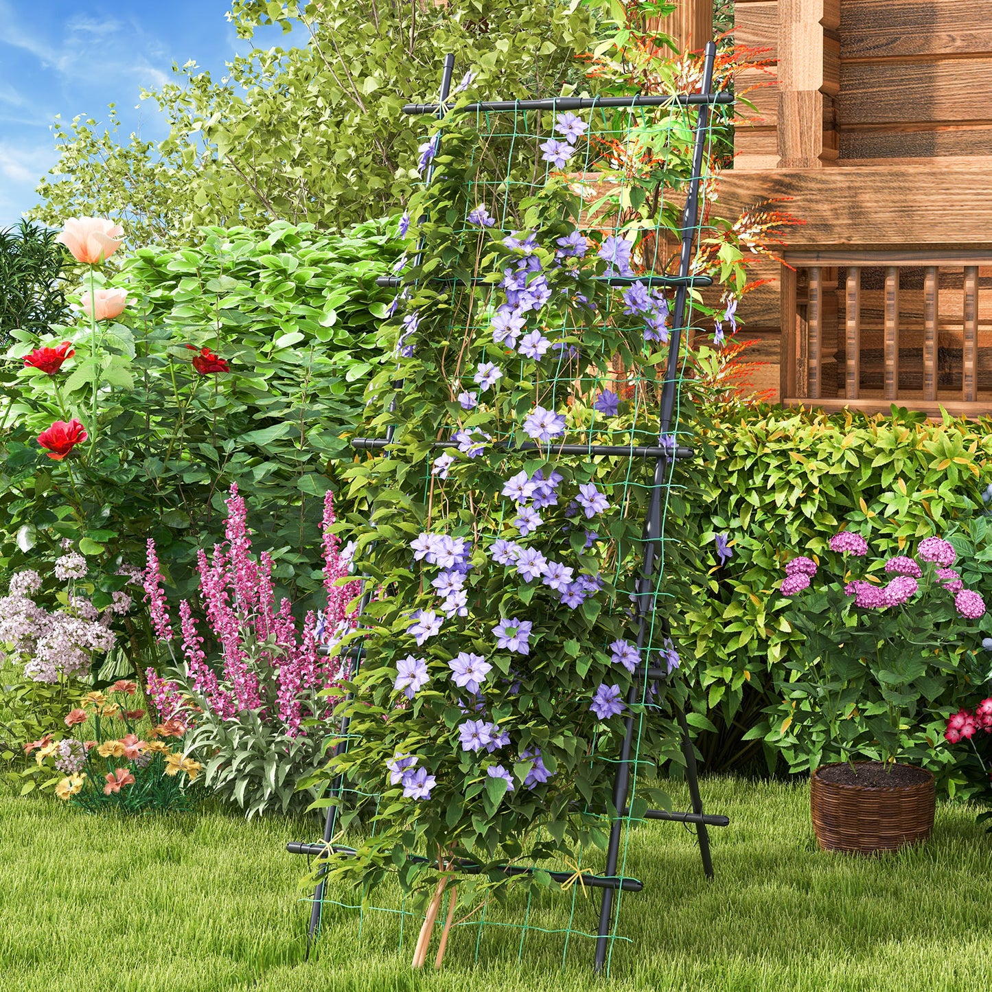 A-Frame Cucumber Trellis Garden Plant Support with PE-Coated Tubes Sure-Clips and Trellis Netting