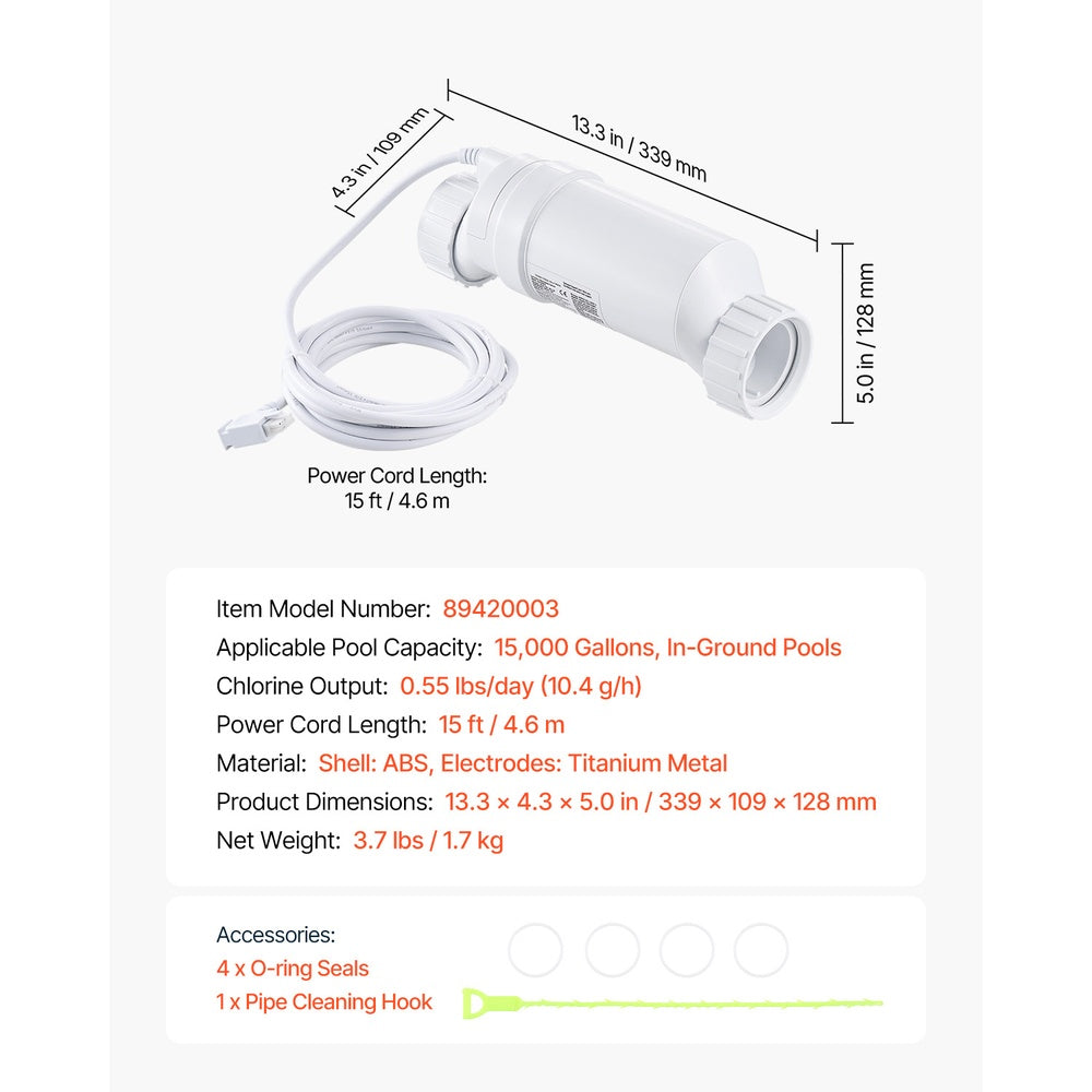 Salt Water Chlorinator System for Pools up to 15,000 Gal, Fits Hayward W3T-Cell-3 (T3), 15 ft Power Line, White